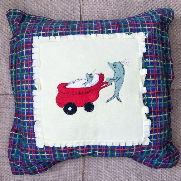 Vintage Other - Dr Seuss One Fish Two Fish Plaid Trim Throw Pillow Handmade Kidcore Whimsical